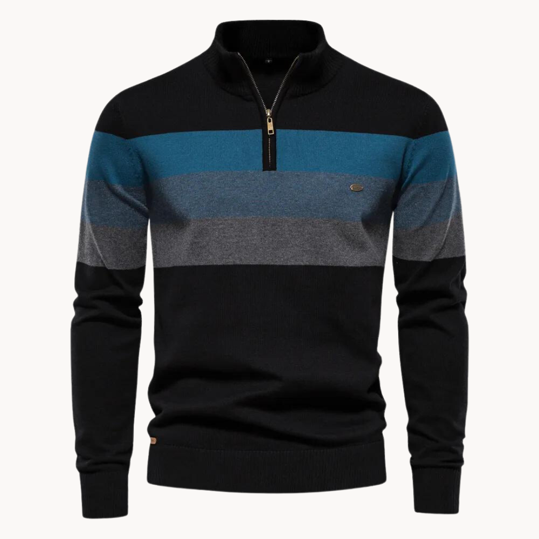 Men's Jumper with Quarter-Zip – Slim Fit Striped Knitwear for Autumn and Winter 8