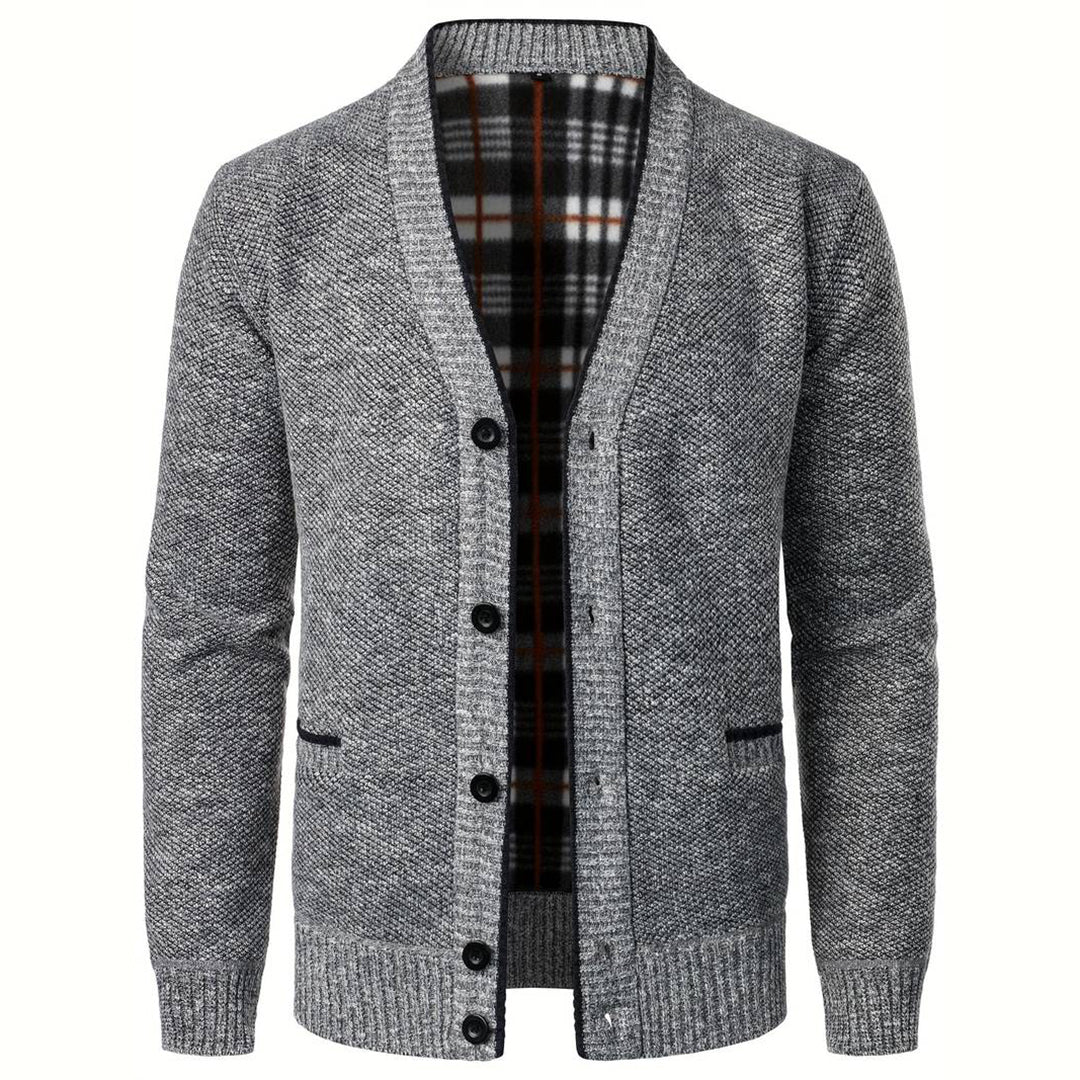 Men's V-Neck Cardigan with Plaid Lining – Button-Up with Side Pockets 0