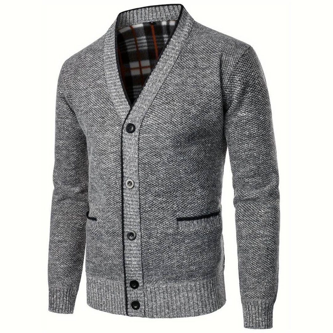 Men's V-Neck Cardigan with Plaid Lining – Button-Up with Side Pockets 2