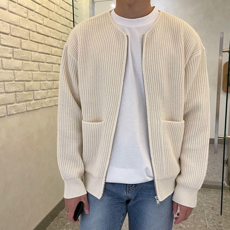 Men's Zip-Up Cardigan Sweater – Ribbed Knit with Pockets for Autumn and Winter 0