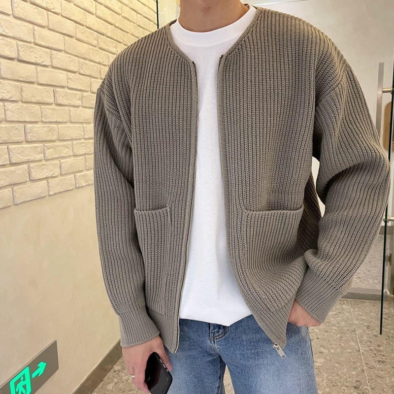 Men's Zip-Up Cardigan Sweater – Ribbed Knit with Pockets for Autumn and Winter 1