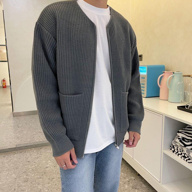 Men's Zip-Up Cardigan Sweater – Ribbed Knit with Pockets for Autumn and Winter 2