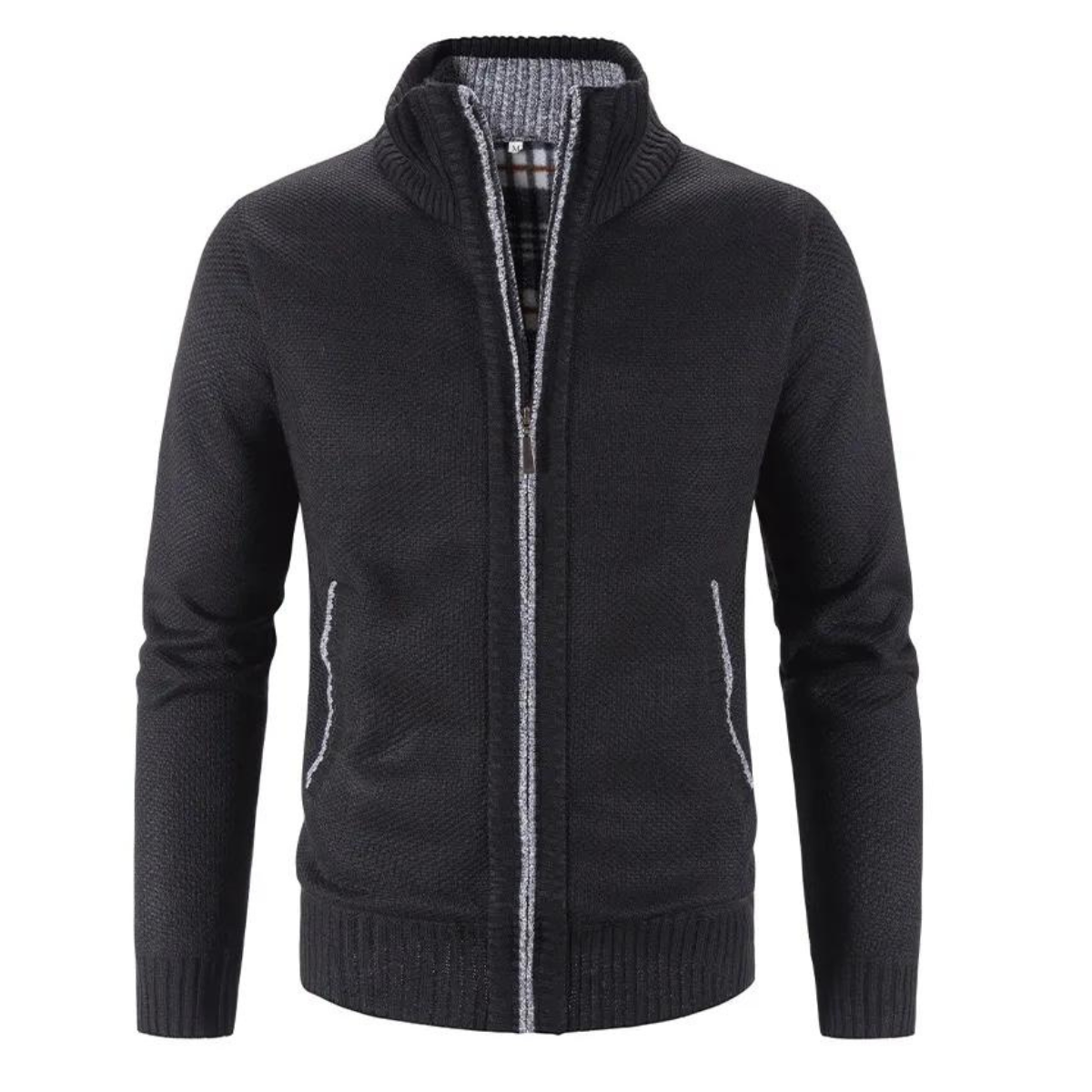 Men's Zip-Up Cardigan with Mock Neck – Knitted Texture and Contrast Trim 0