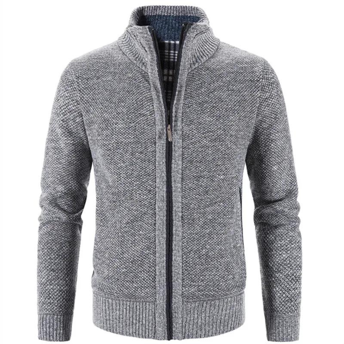 Men's Zip-Up Cardigan with Mock Neck – Knitted Texture and Contrast Trim 2