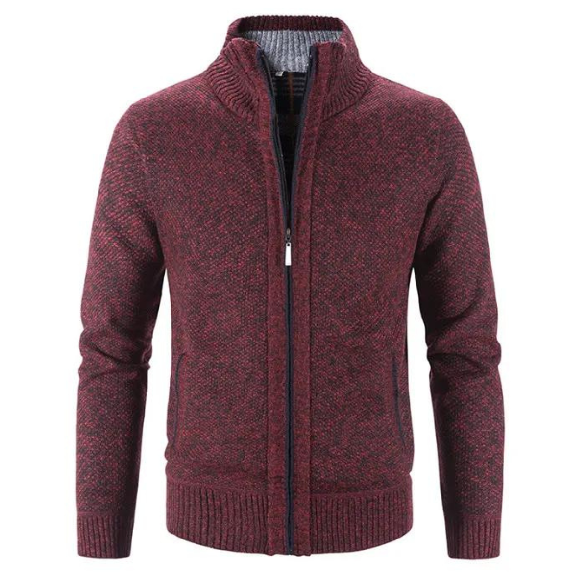 Men's Zip-Up Cardigan with Mock Neck – Knitted Texture and Contrast Trim 4