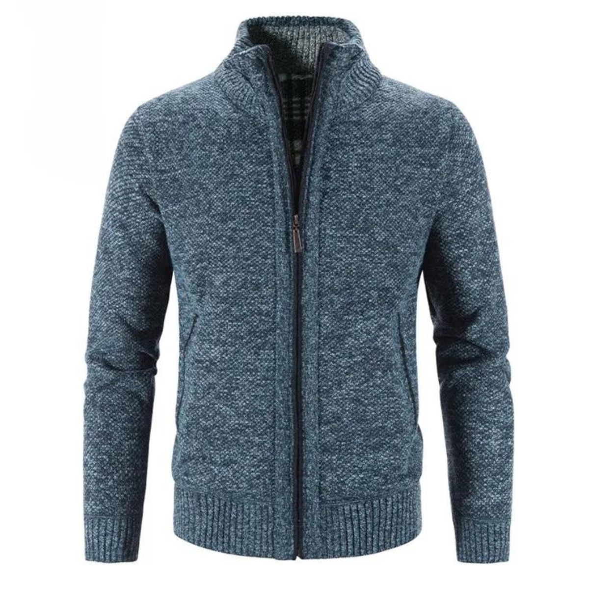 Men's Zip-Up Cardigan with Mock Neck – Knitted Texture and Contrast Trim 5