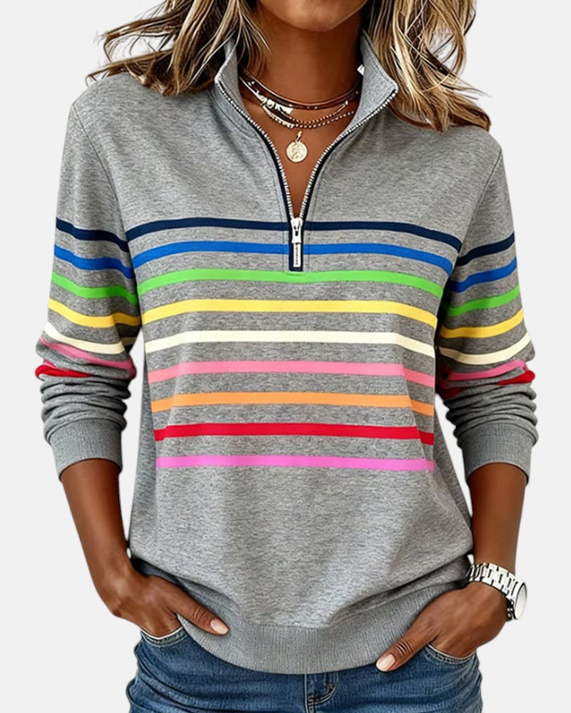 Rainbow Striped Zip Sweatshirt for Women – Relaxed Fit for Casual Wear and Layering 0