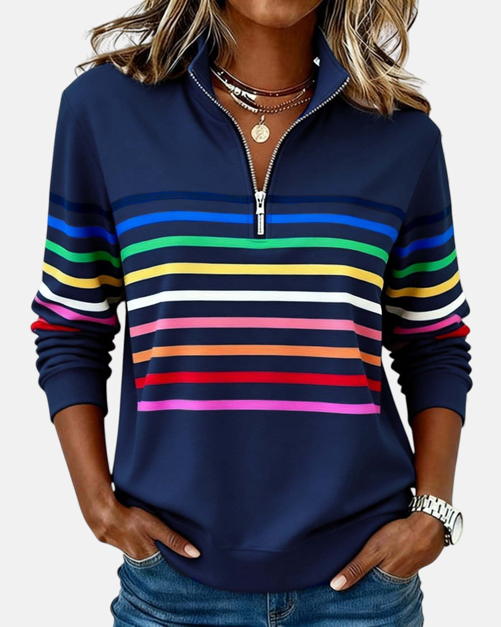 Rainbow Striped Zip Sweatshirt for Women – Relaxed Fit for Casual Wear and Layering 1