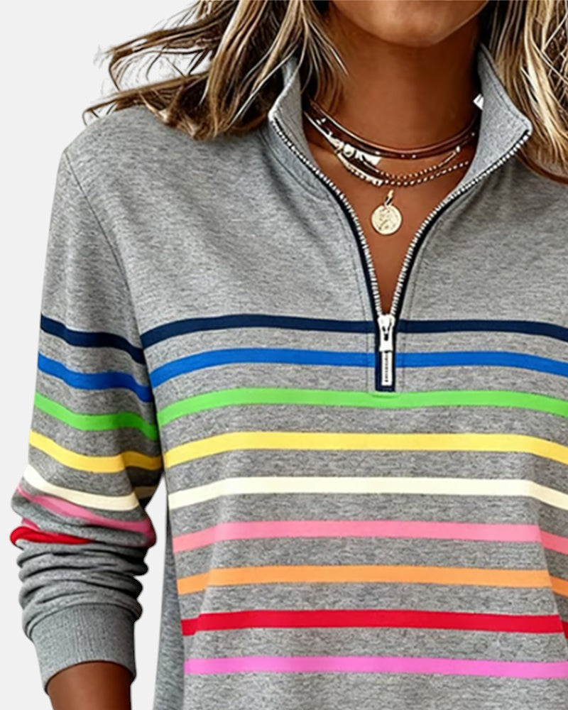 Rainbow Striped Zip Sweatshirt for Women – Relaxed Fit for Casual Wear and Layering 6