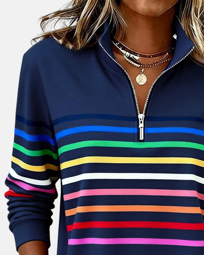 Rainbow Striped Zip Sweatshirt for Women – Relaxed Fit for Casual Wear and Layering 8