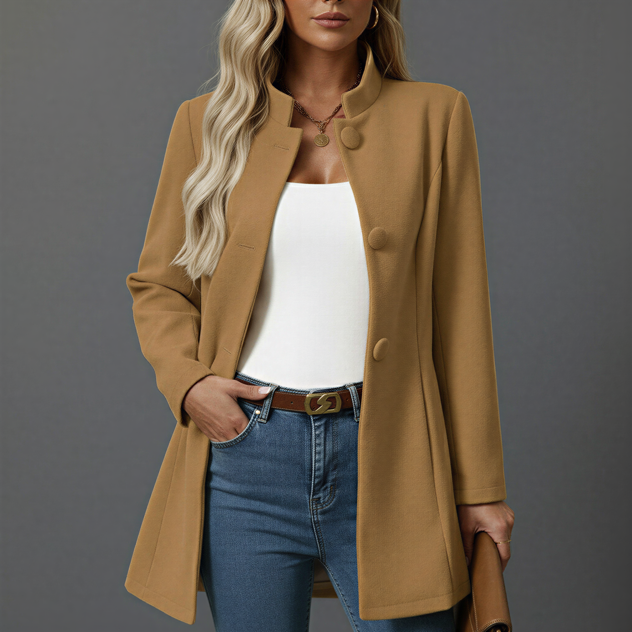 Women's A-Line Winter Coat with Button Front – Stand Collar, Mid-Length for Cold Weather 0