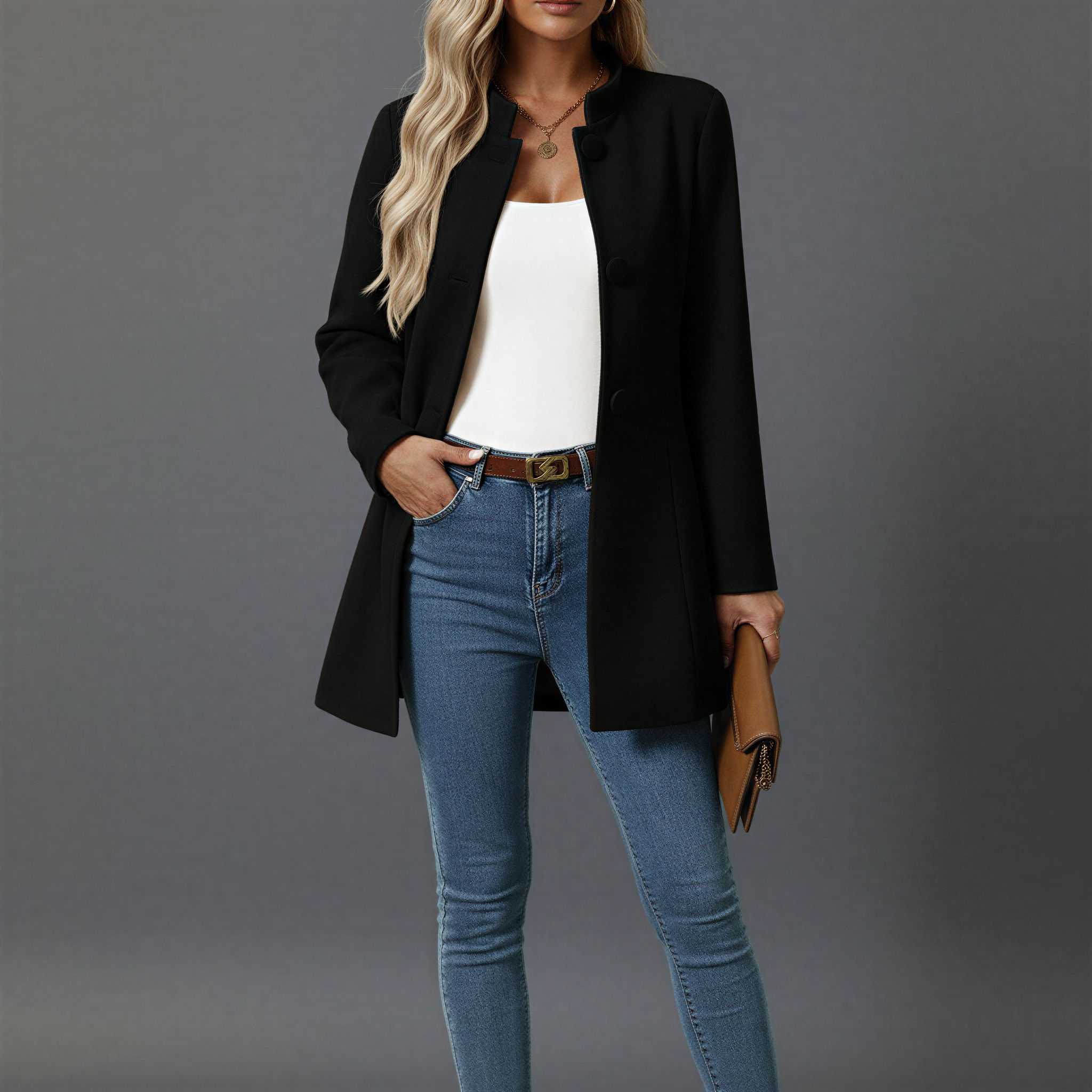 Women's A-Line Winter Coat with Button Front – Stand Collar, Mid-Length for Cold Weather 2