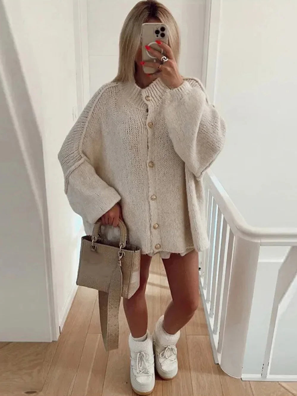 Women's Bat Sleeve Cardigan – Button Front with Ribbed Neckline and Cuffs 1