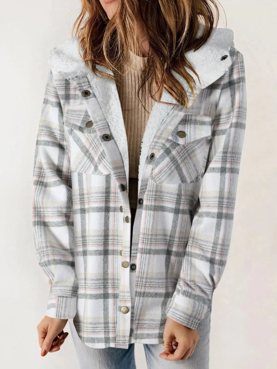 Women's Hooded Plaid Jacket – Cozy Design with Button Closure for Autumn 4