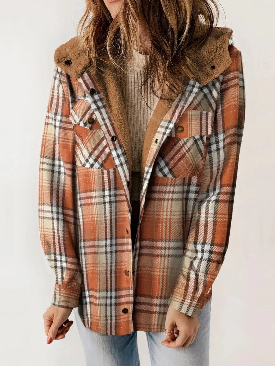 Women's Hooded Plaid Jacket – Cozy Design with Button Closure for Autumn 5