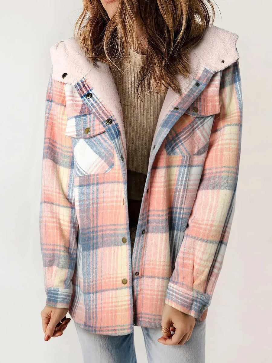 Women's Hooded Plaid Jacket – Cozy Design with Button Closure for Autumn 6