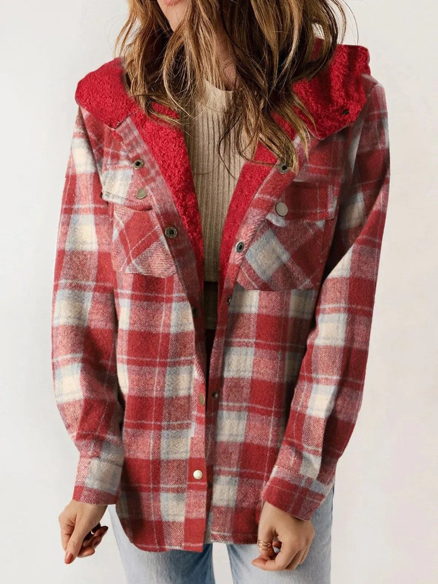 Women's Hooded Plaid Jacket – Cozy Design with Button Closure for Autumn 7
