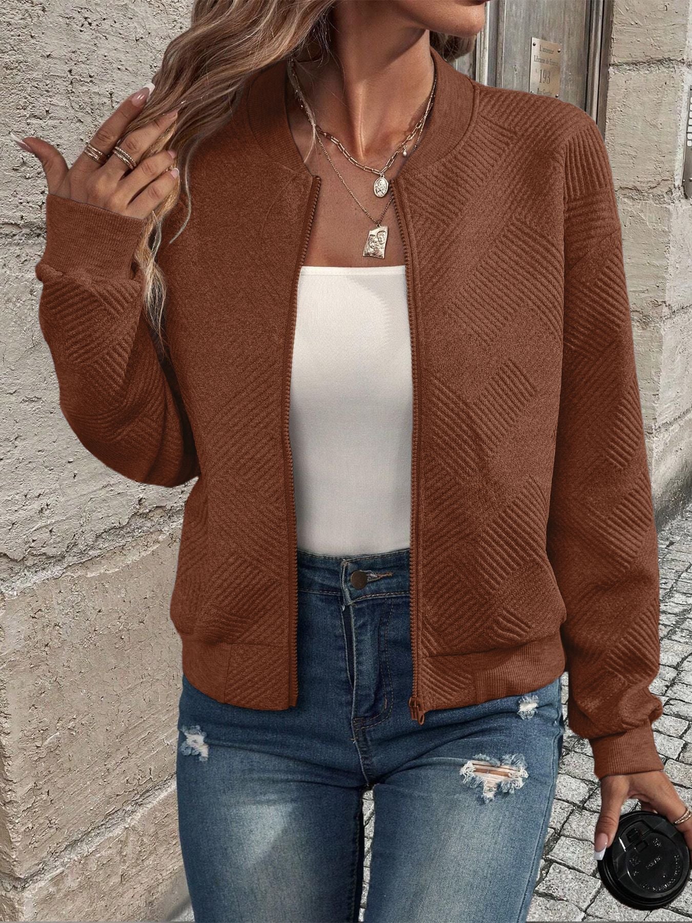 Women's Long Textured Zip-Up Cardigan – Casual Wear with Ribbed Hem and Long Sleeves 10
