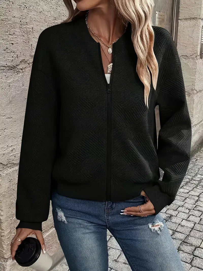 Women's Long Textured Zip-Up Cardigan – Casual Wear with Ribbed Hem and Long Sleeves 5