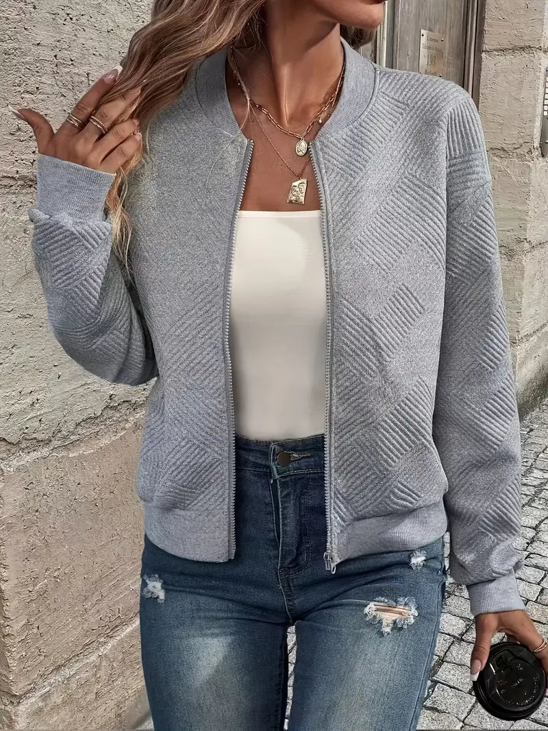 Women's Long Textured Zip-Up Cardigan – Casual Wear with Ribbed Hem and Long Sleeves 7