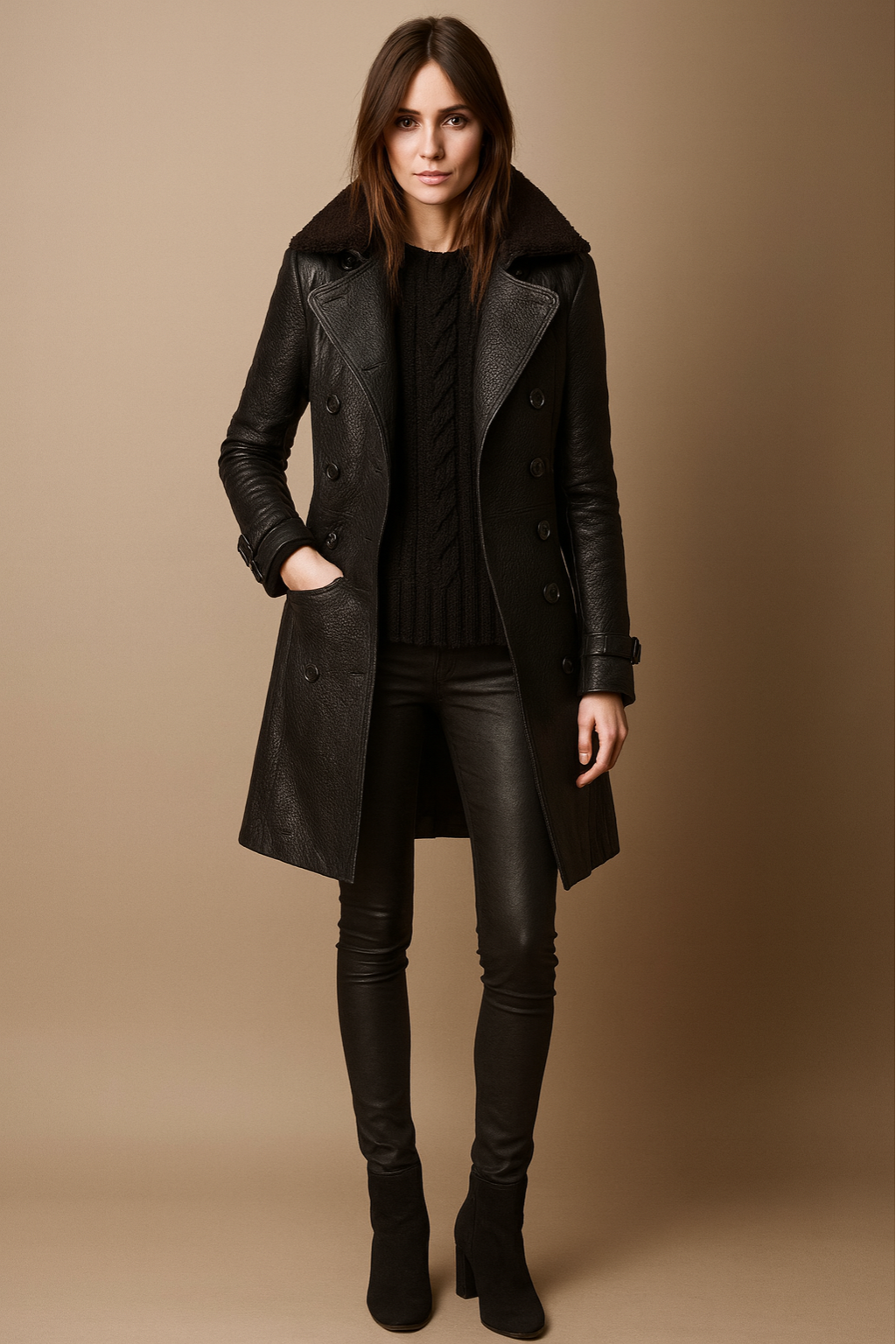 Women's Trench Coat – Faux Leather, Double-Breasted Design with Shearling Collar 0