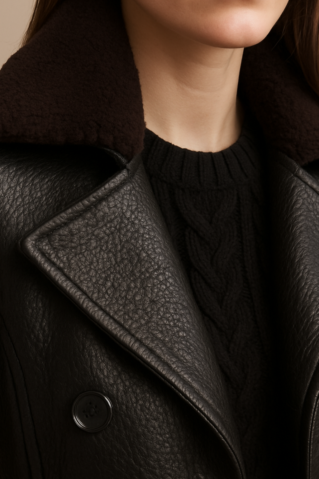 Women's Trench Coat – Faux Leather, Double-Breasted Design with Shearling Collar 1