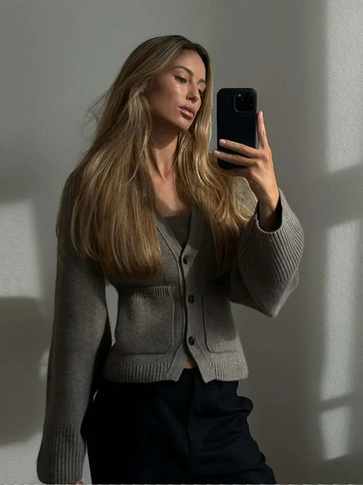 Women's V-Neck Black Cardigan – Relaxed Fit with Button Closure and Patch Pockets 6