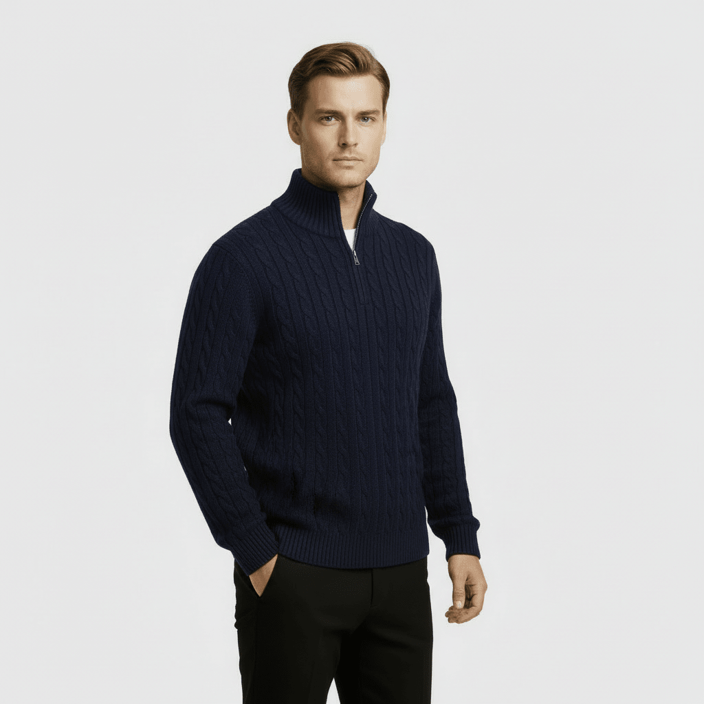 Men's Cable Knit Jumper – Quarter Zip Design with Stand Collar - We are MFEO