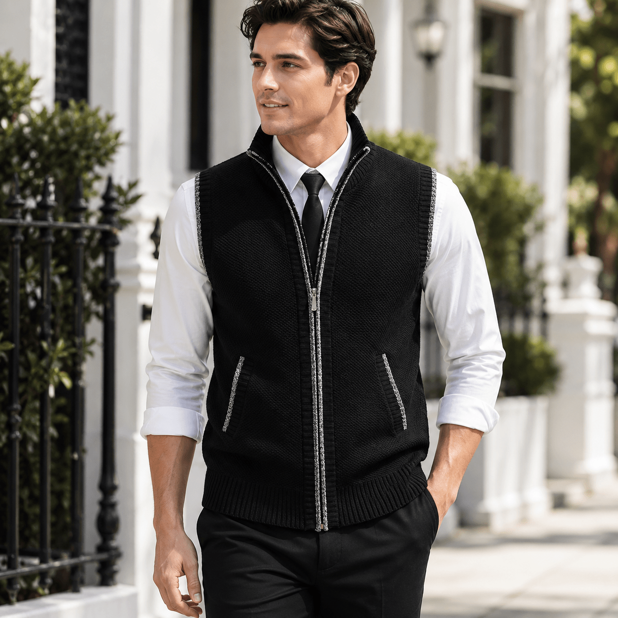Men's Gilet for Autumn – Zip Knit Mock Neck Sweater Vest with Zipped Side Pockets - We are MFEO