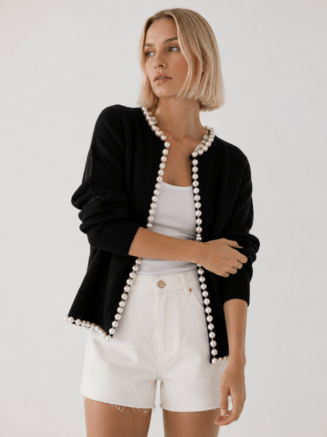 Women's Cardigan with Pearl Trim – Regular Fit Knit Cardigan for Everyday Style - We are MFEO