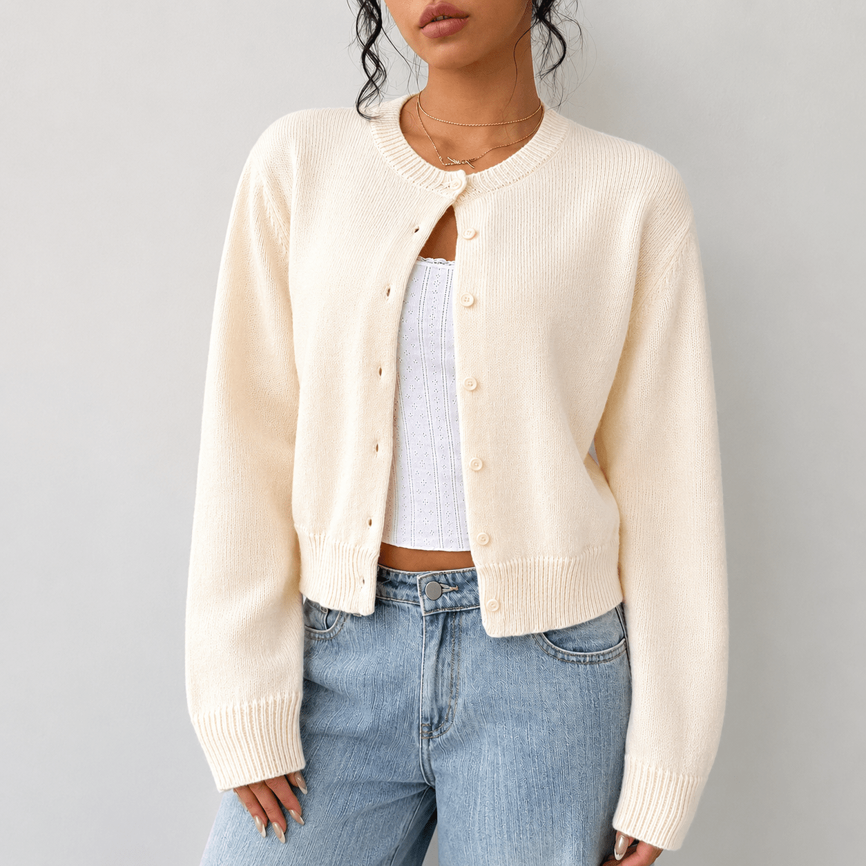 Women's Cropped Cardigan – Button - Up Knit with Ribbed Trim - We are MFEO