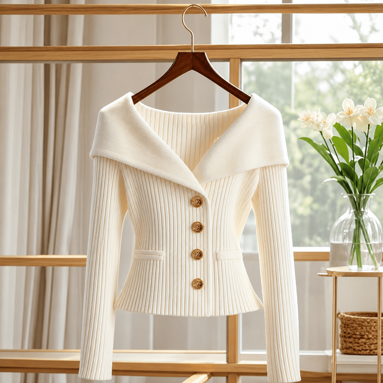 Women's Off - Shoulder Sweater – Slim Fit Ribbed Knit with Button Closure - We are MFEO