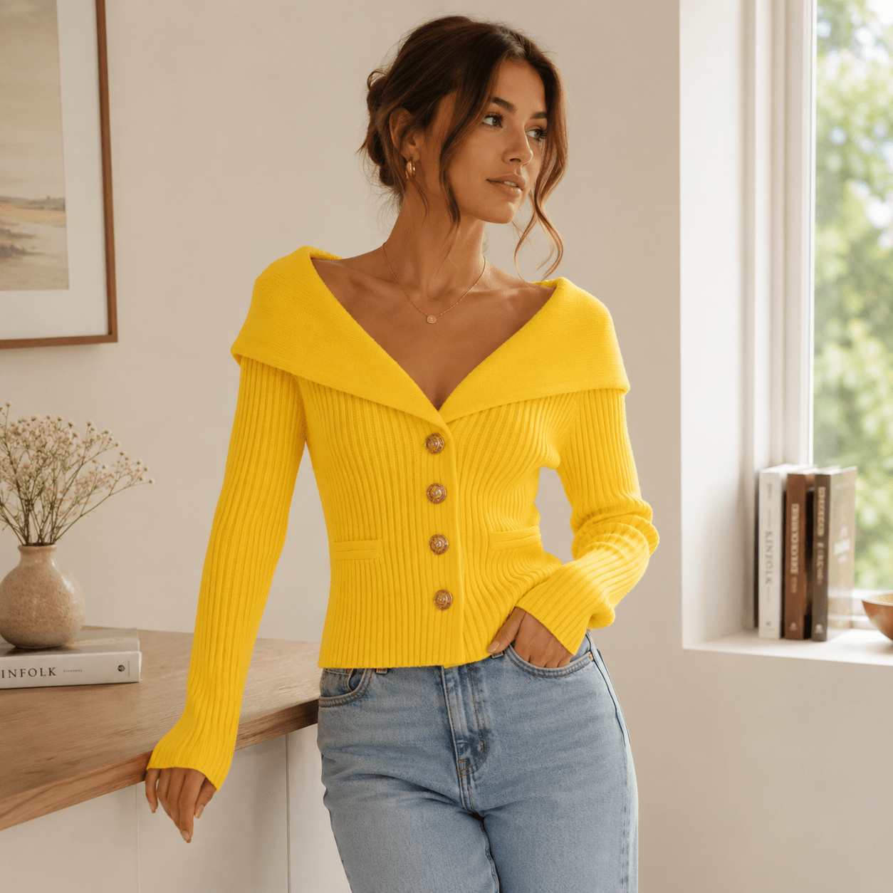 Women's Off - Shoulder Sweater – Slim Fit Ribbed Knit with Button Closure - We are MFEO